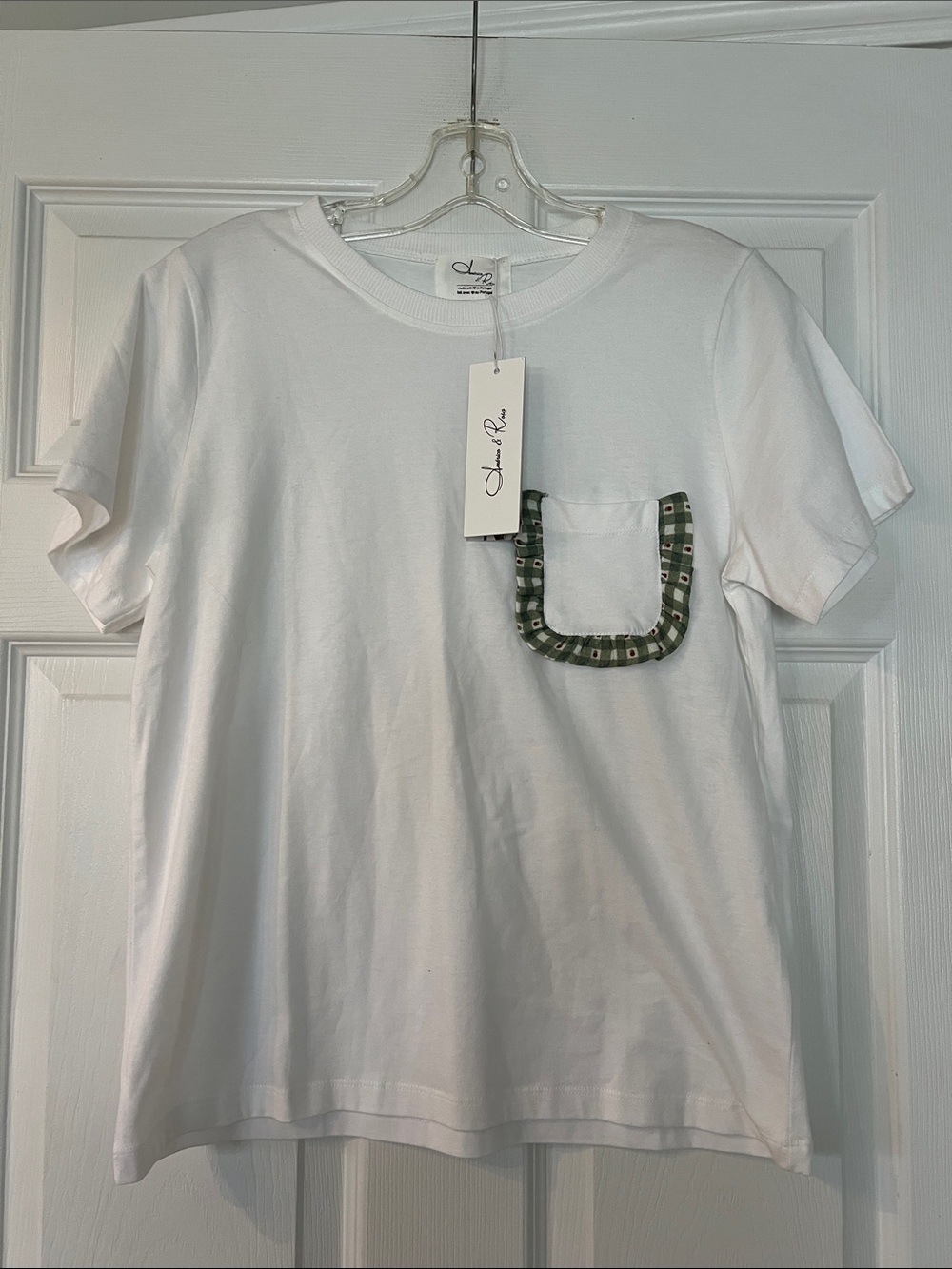 Women's White Short-Sleeve Tee with Green Plaid Pocket Trim - Classic Casual